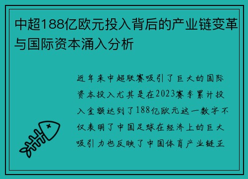 中超188亿欧元投入背后的产业链变革与国际资本涌入分析