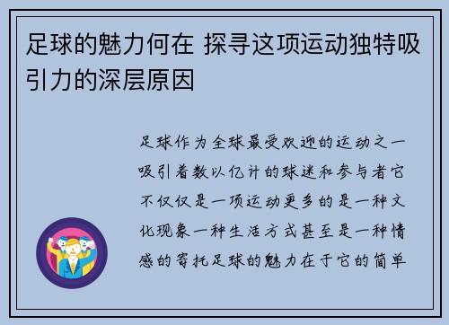 足球的魅力何在 探寻这项运动独特吸引力的深层原因